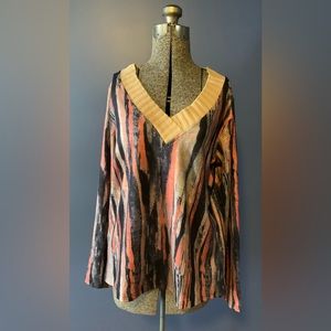 Abstract striped long sleeve V-neck top